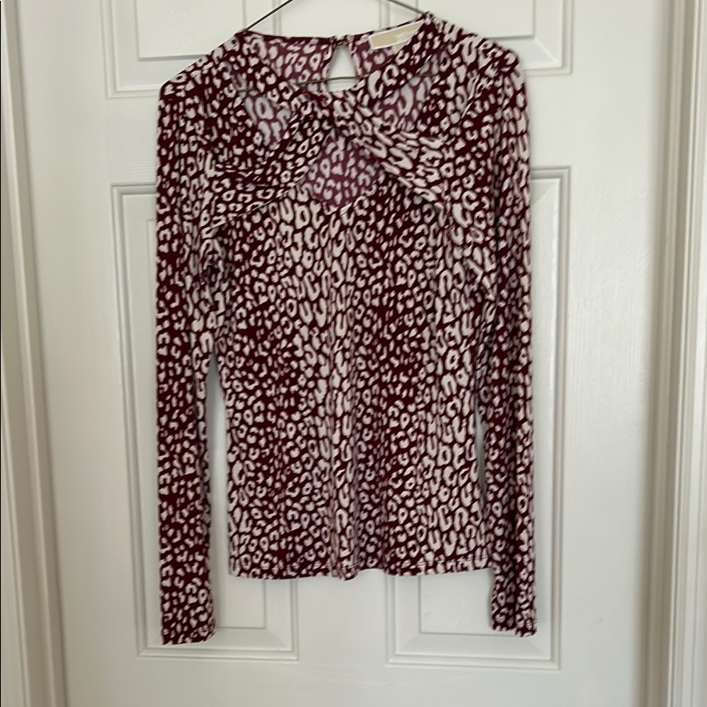Michael Kors Maroon / White Long Sleeve Keyhole Cut Out Blouse Sz S